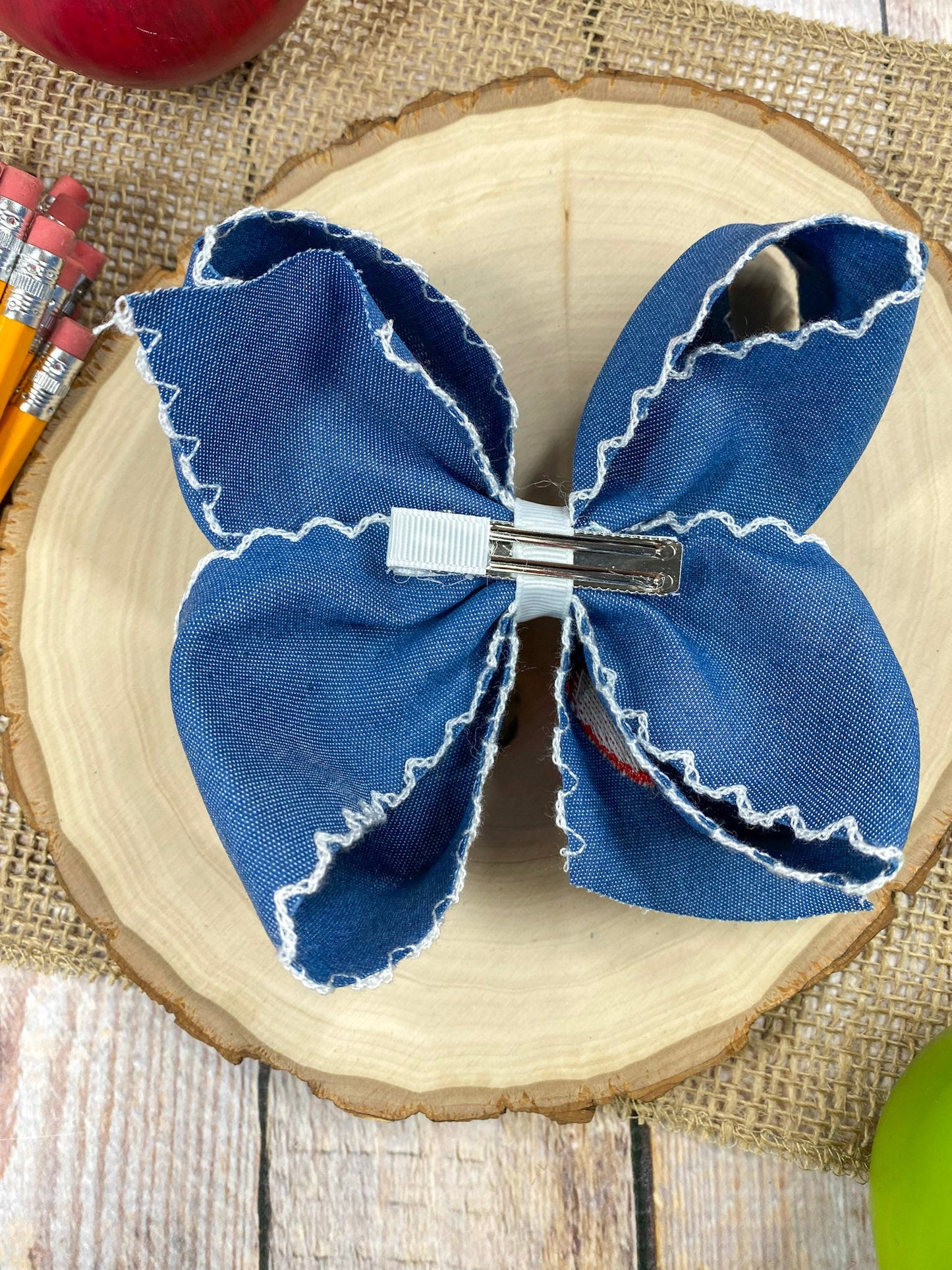 Denim Apple Embroidered Moonstitch Hair Bow | Clip or Headband