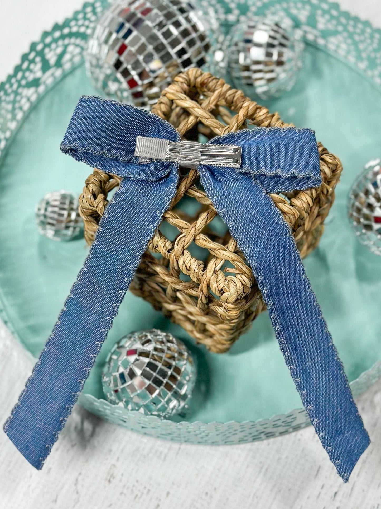 Denim Ruffle Edge Ribbon Hair Bow
