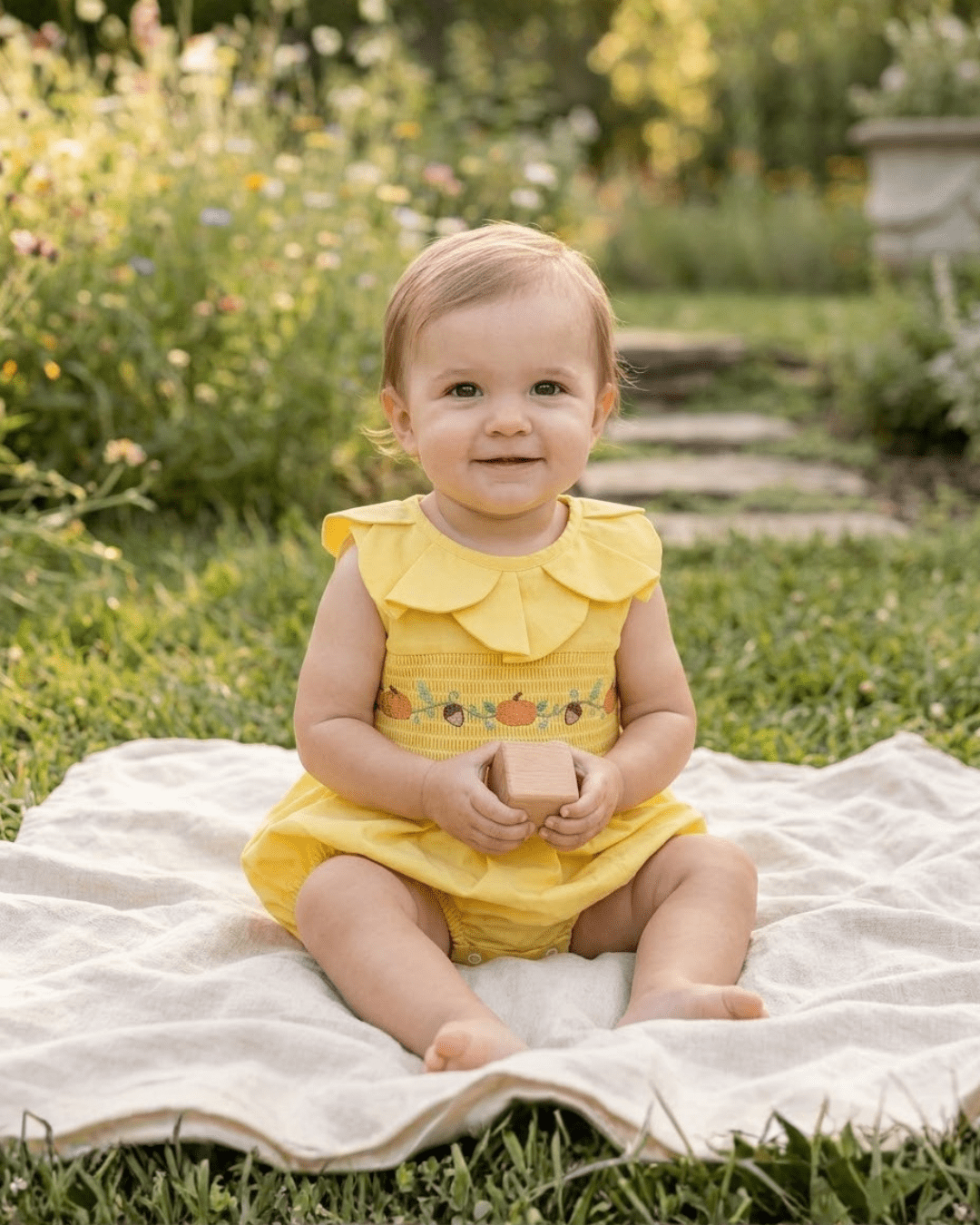 Golden Yellow Pumpkin Smocked Petal Collar Bubble Romper
