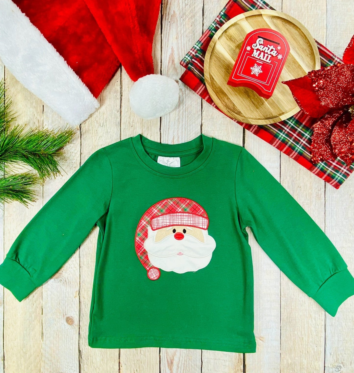Green Plaid Santa Boys Long Sleeve