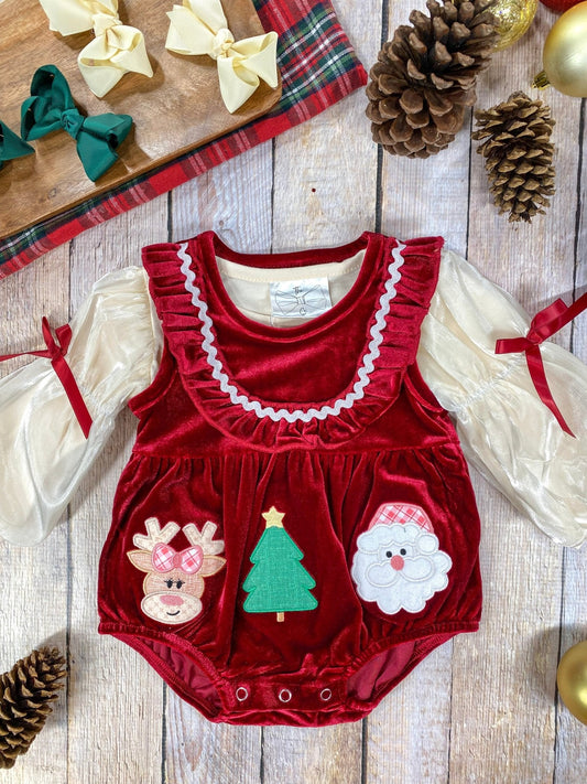 Jolly Red Velvet Smocked Infant Girl's Romper - FINAL SALE
