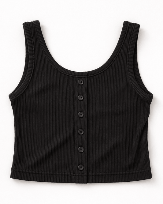 Josie Button Front Ribbed Tank - Black