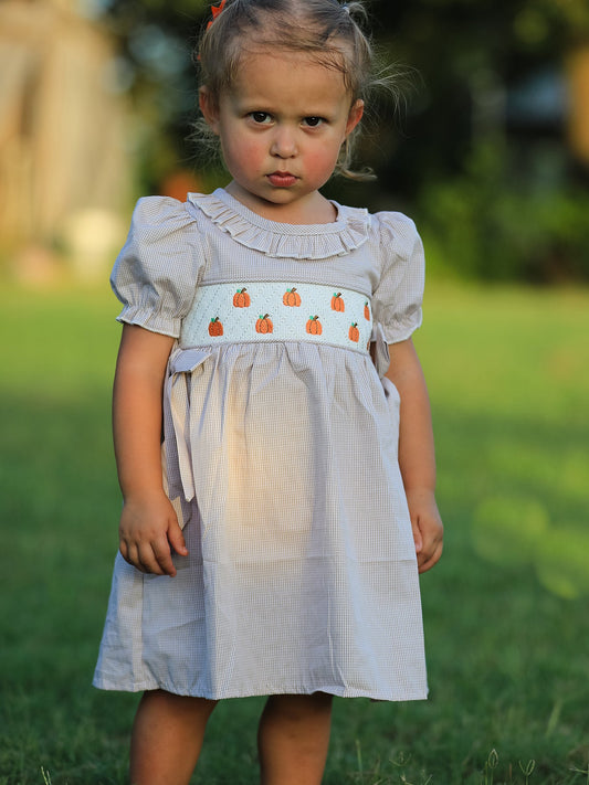 Fall Halloween & Thanksgiving Pumpkin Embroidery Smock Plaid Girls Dress