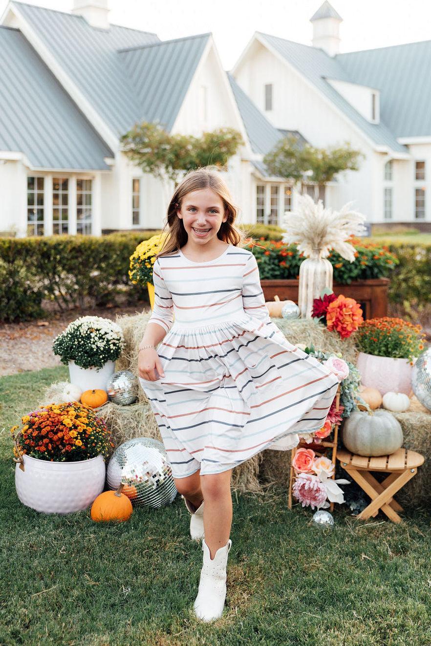 Fall Stripes 3/4 Sleeve Pocket Twirl Dress