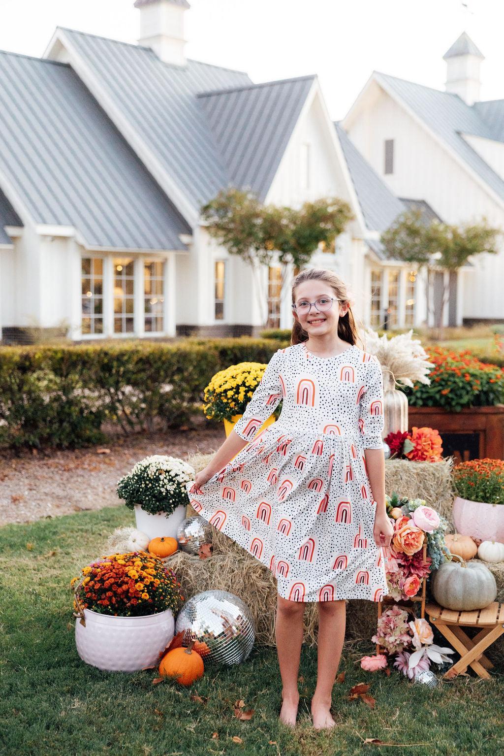 Peach Rainbow 3/4 Sleeve Pocket Twirl Dress