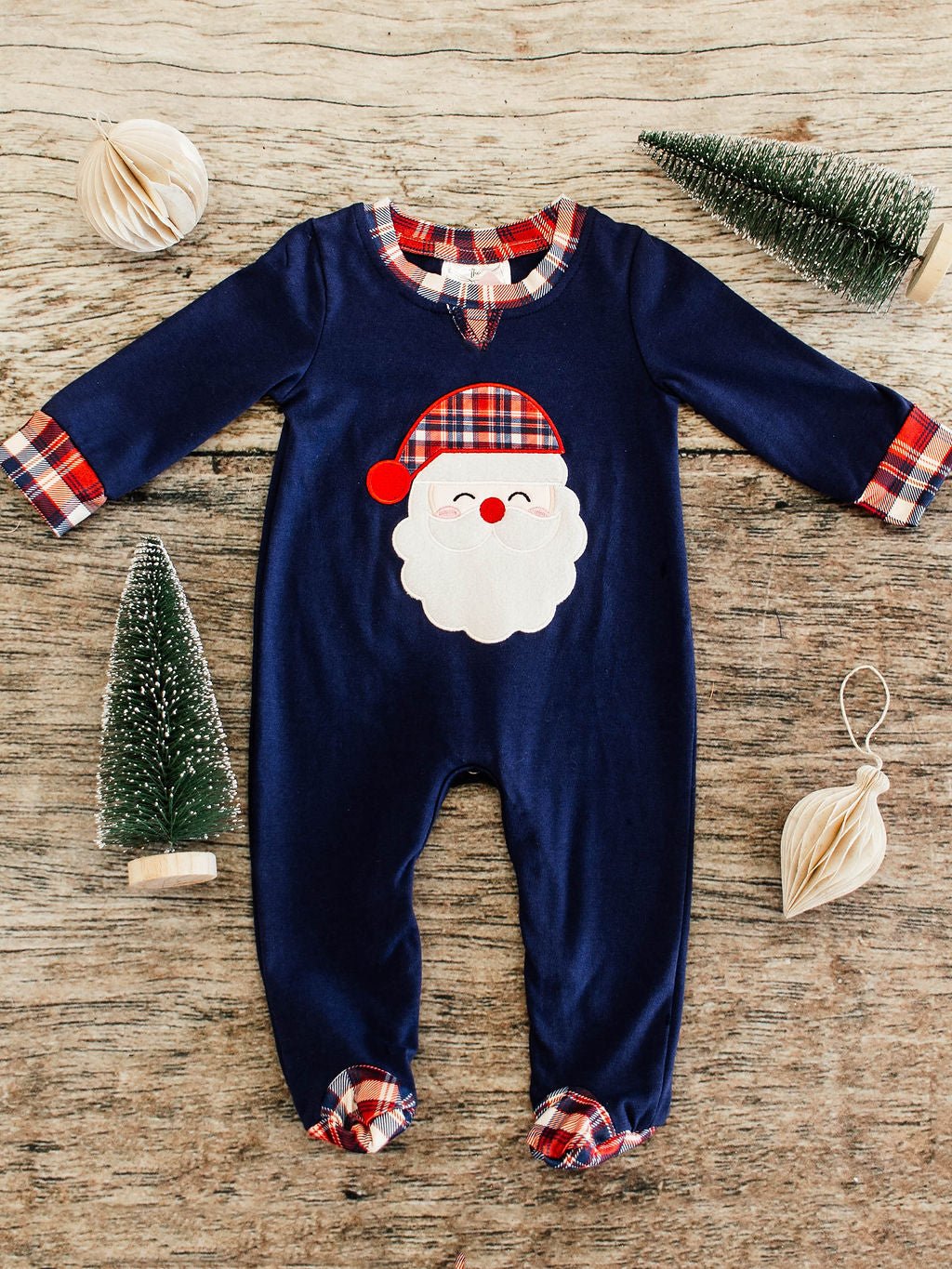 Navy Plaid Santa Infant Boys Onesie