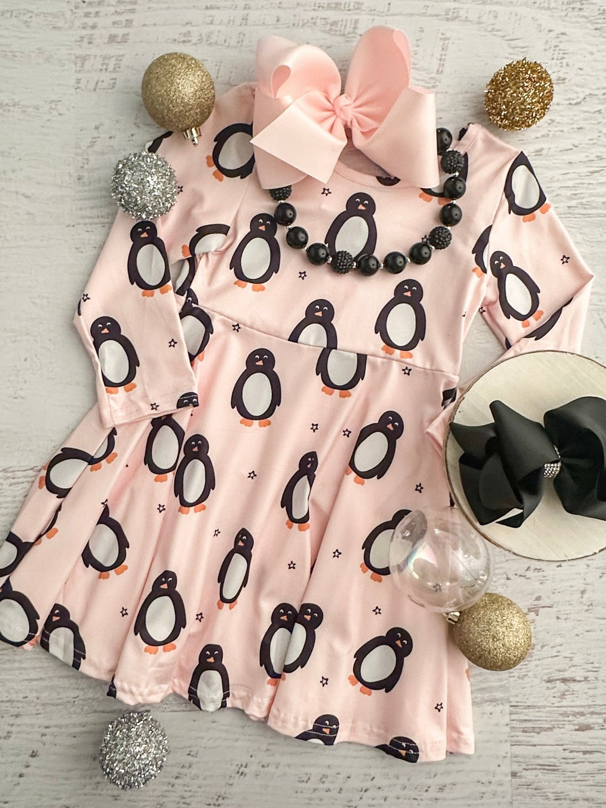 Pink Penguin Christmas Girls Twirl Dress