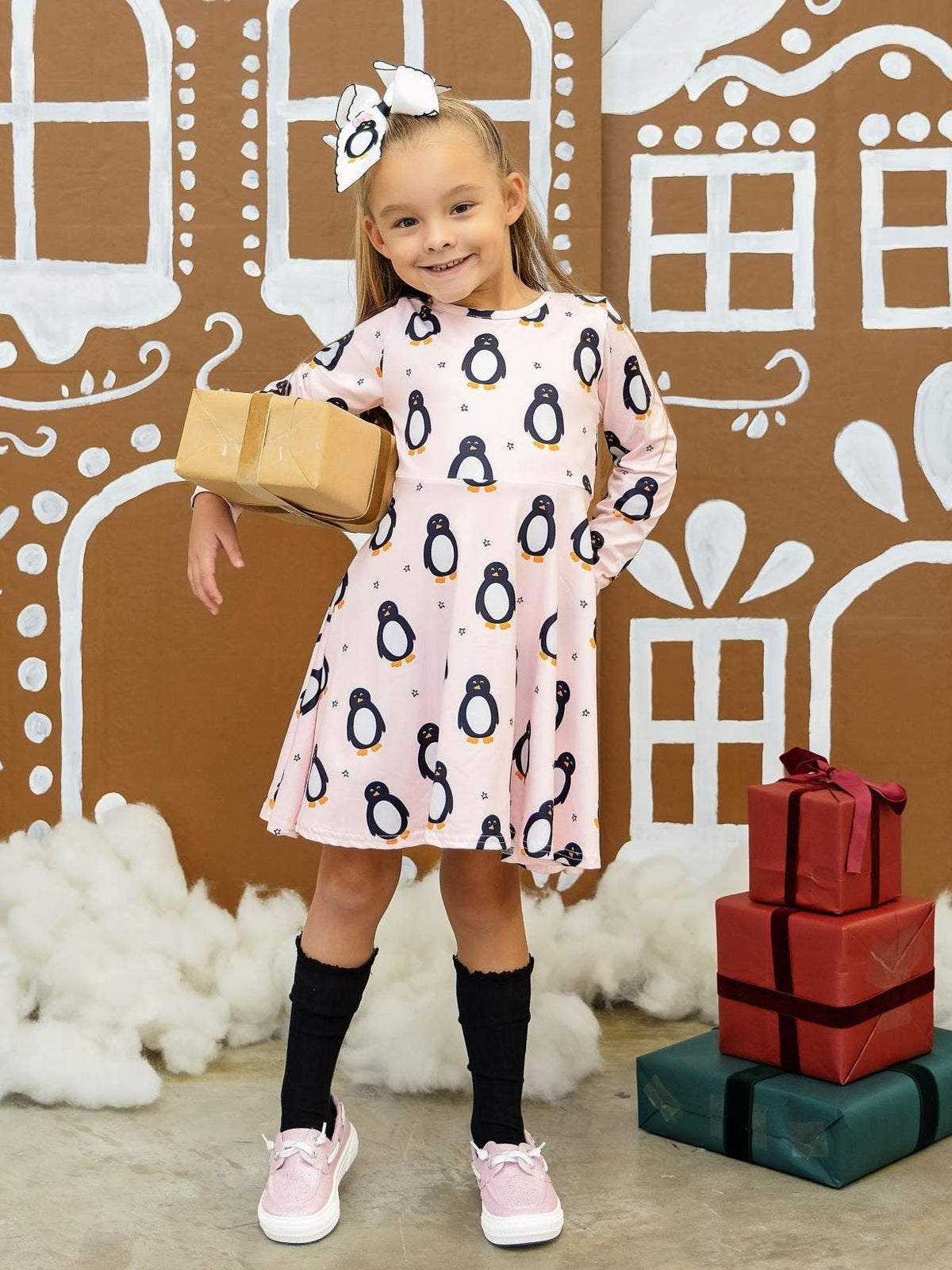 Pink Penguin Christmas Girls Twirl Dress