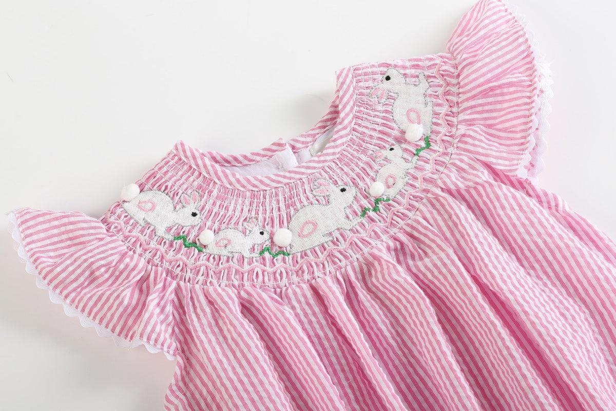 Pink Seersucker Running Bunnies Smocked Flutter Bubble Romper