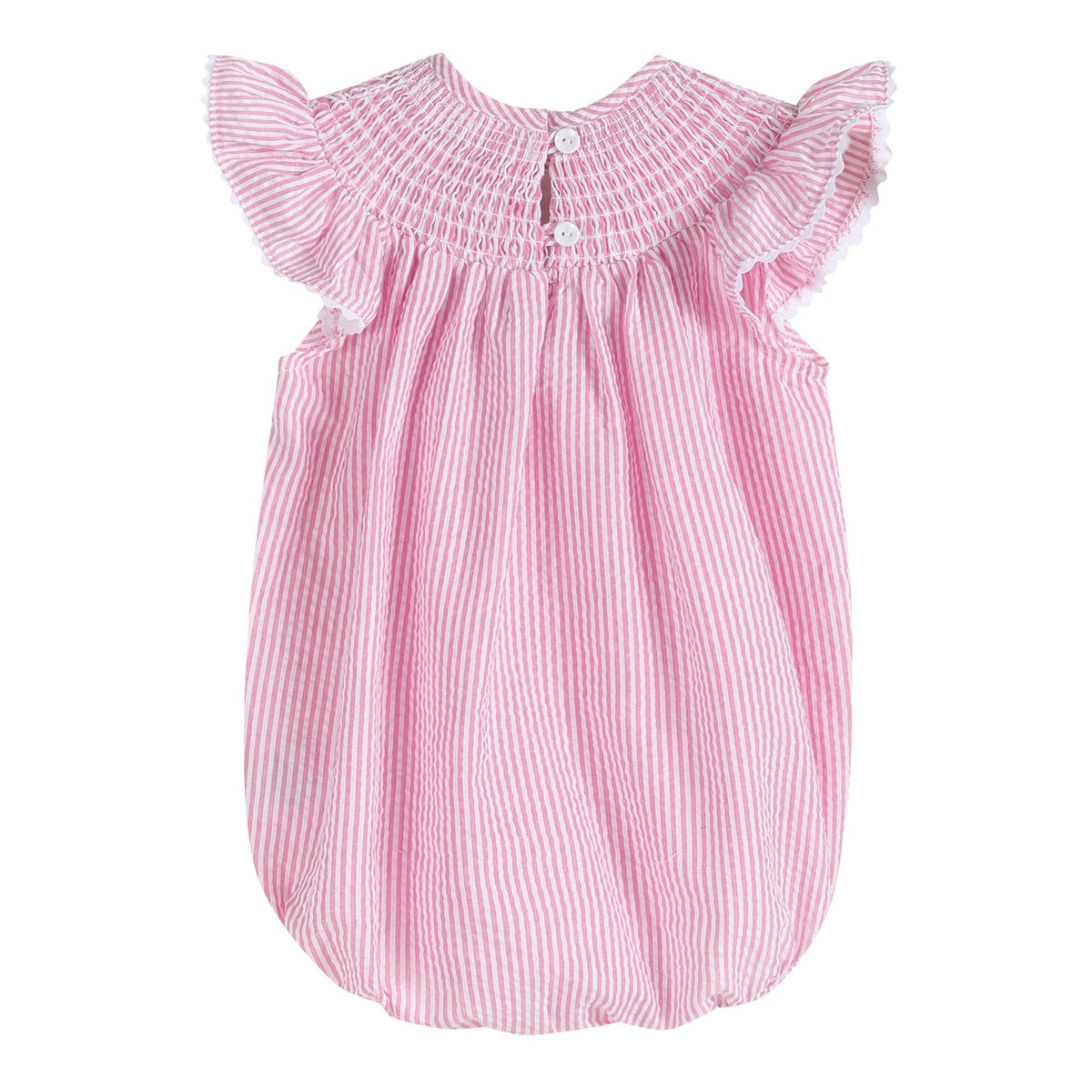 Pink Seersucker Running Bunnies Smocked Flutter Bubble Romper