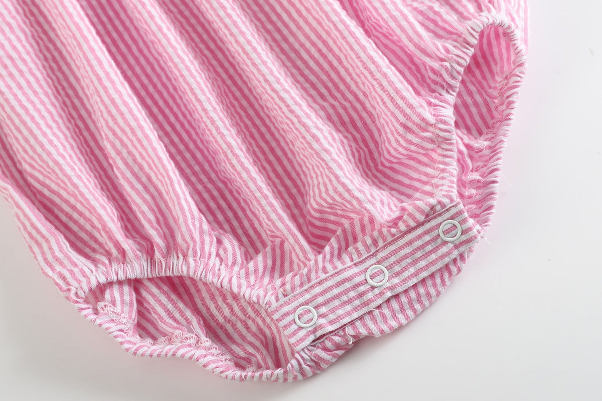Pink Seersucker Running Bunnies Smocked Flutter Bubble Romper