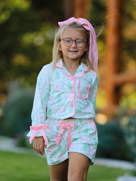 PREORDER Christmas Tree & Bow Print Girls Pajama Set