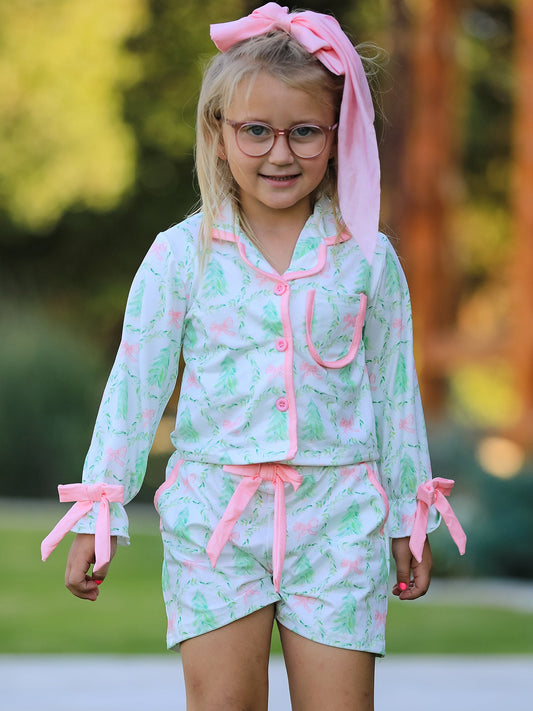 PREORDER Christmas Tree & Bow Print Girls Pajama Set