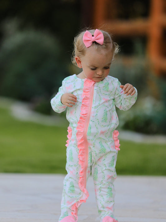 PREORDER Christmas Tree Wreath Print Long Sleeve Zip Baby Girls Romper