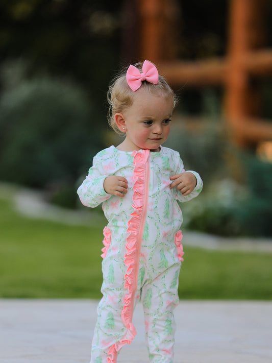 PREORDER Christmas Tree Wreath Print Long Sleeve Zip Baby Girls Romper