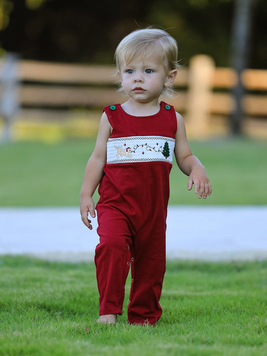 Christmas Tree Dog Smocking Embroidered Baby Boys Romper