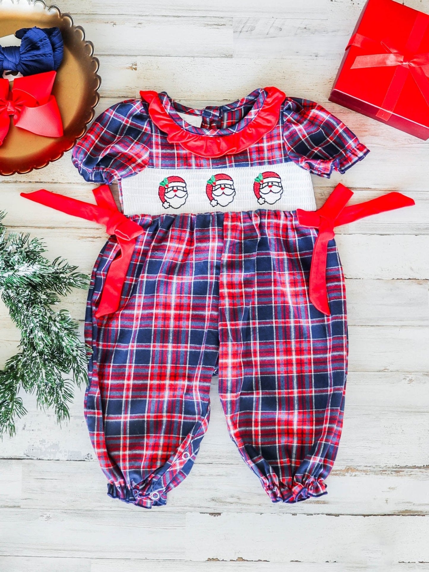 Santa Trio & Bows Plaid Infant Girls Onesie - FINAL SALE