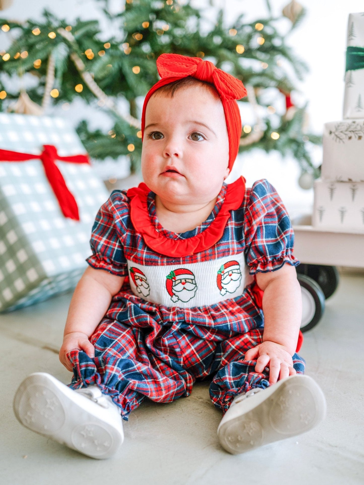 Santa Trio & Bows Plaid Infant Girls Onesie - FINAL SALE