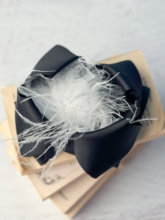 Texas Size Black & White Feather Puff Hair Bow
