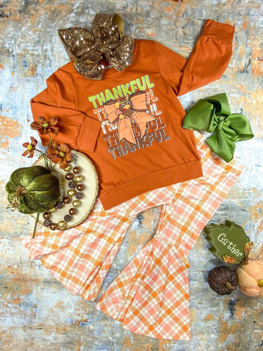 Thankful Bow Plaid Bell Bottom Set - FINAL SALE