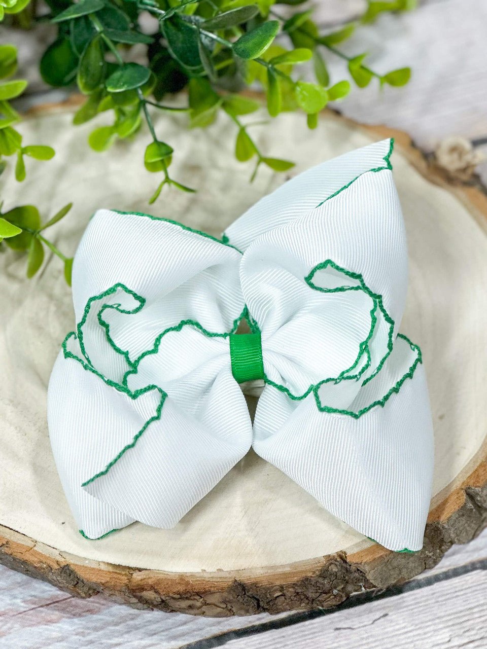 White with Green Moonstitch Hair Bow